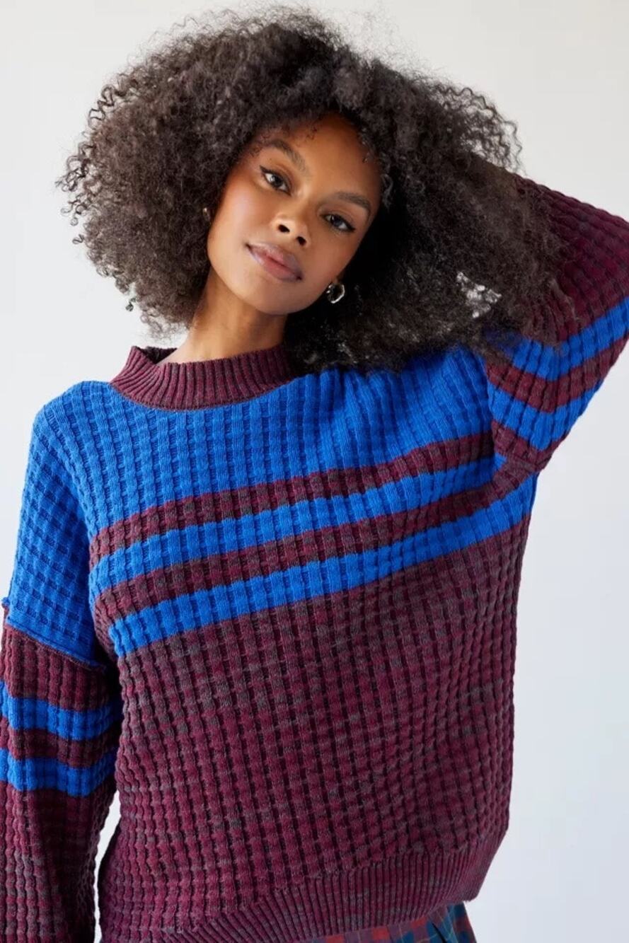 BDG Max Waffle Blue Burgundy Chunky Oversized Knit Sweater Size XS